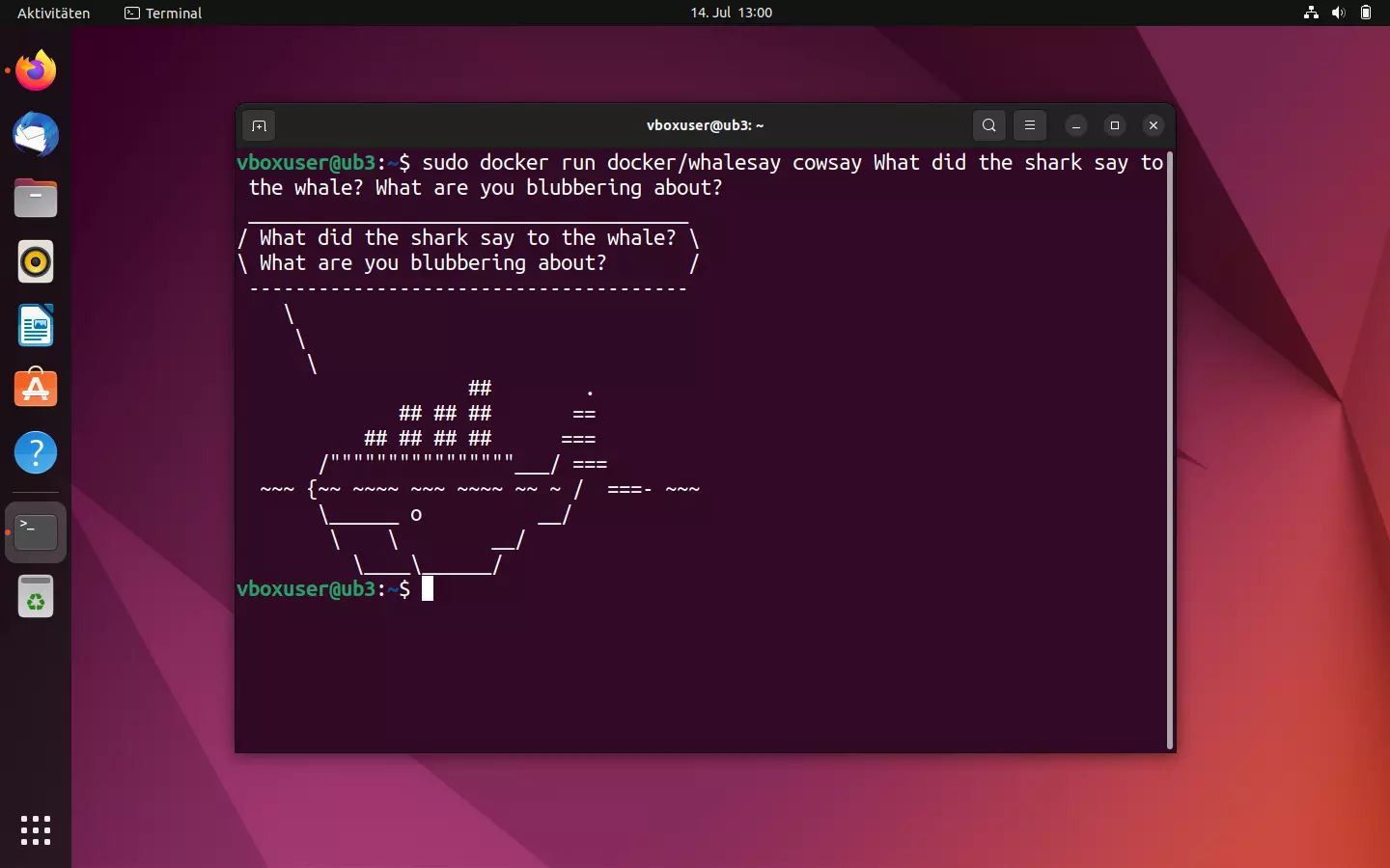 Bild: Terminalausgabe des Containers docker/whalesay: ein Wal mit individueller Textnachricht