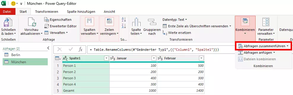 Bild: Gehen Sie im Menü auf „Kombinieren“ und „Abfragen zusammenführen“