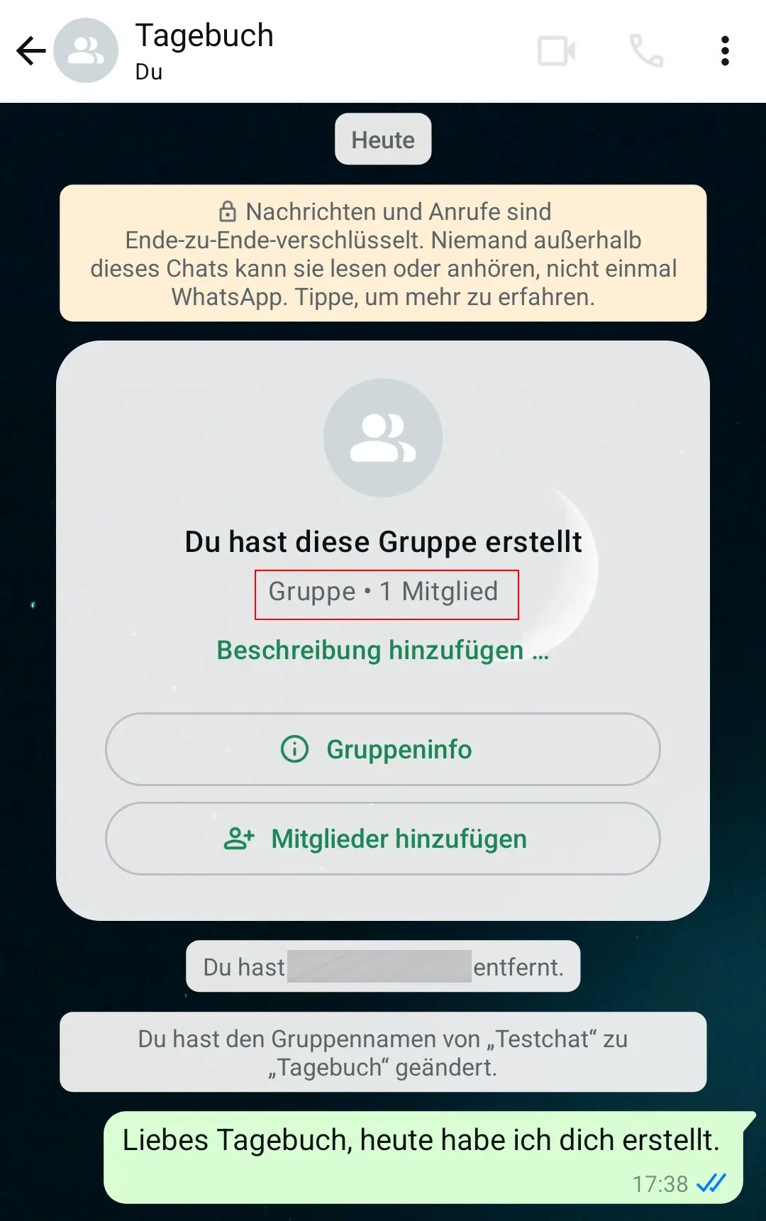 Bild: Android-Screenshot eines Tagebuch-Chats in WhatsApp