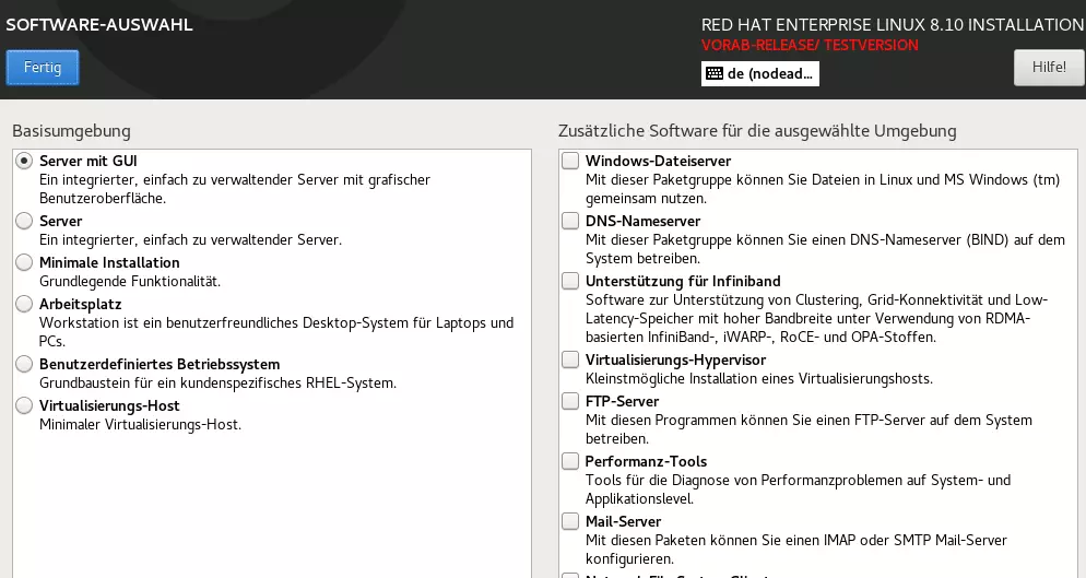 Bild: Screenshot der Software-Auswahl von RHEL 8