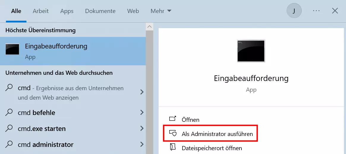 Bild: Windows-10-Suche nach der Eingabeaufforderung