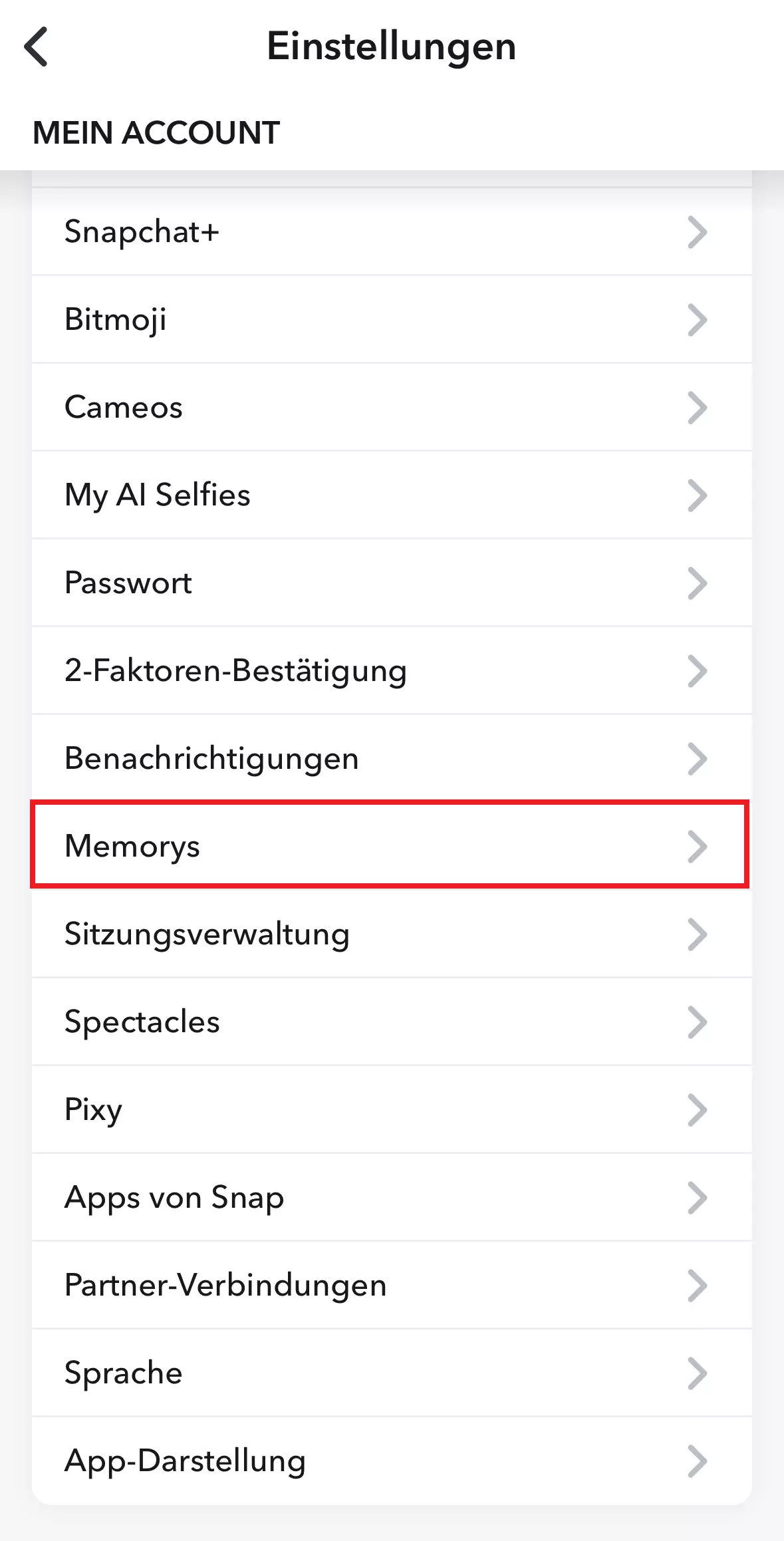 Bild: Auswahl der Memorys-Einstellungen unter „Mein Account“