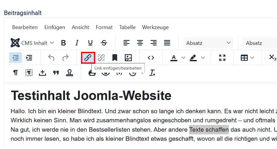 Bild: Joomla: Option „Link einfügen/bearbeiten“