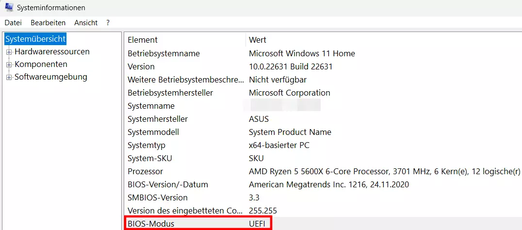 Bild: BIOS-Modus in der Systemübersicht vonWindows 11