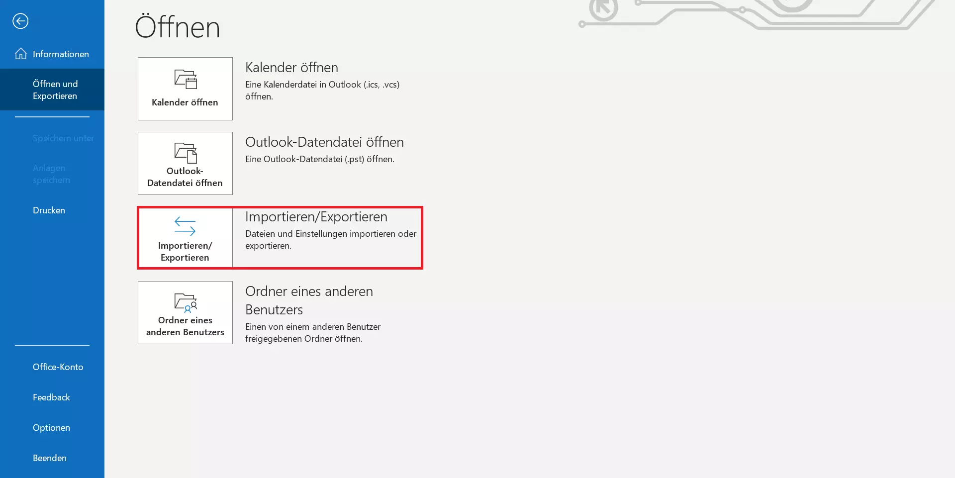 Bild: Untermenü „Öffnen und exportieren“ in Outlook 365