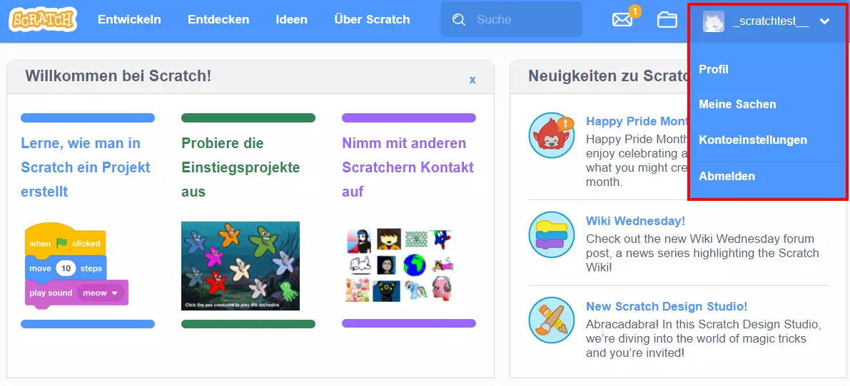 Bild: Scratch lernen: Schnellmenü für Profil, Account und Projekte
