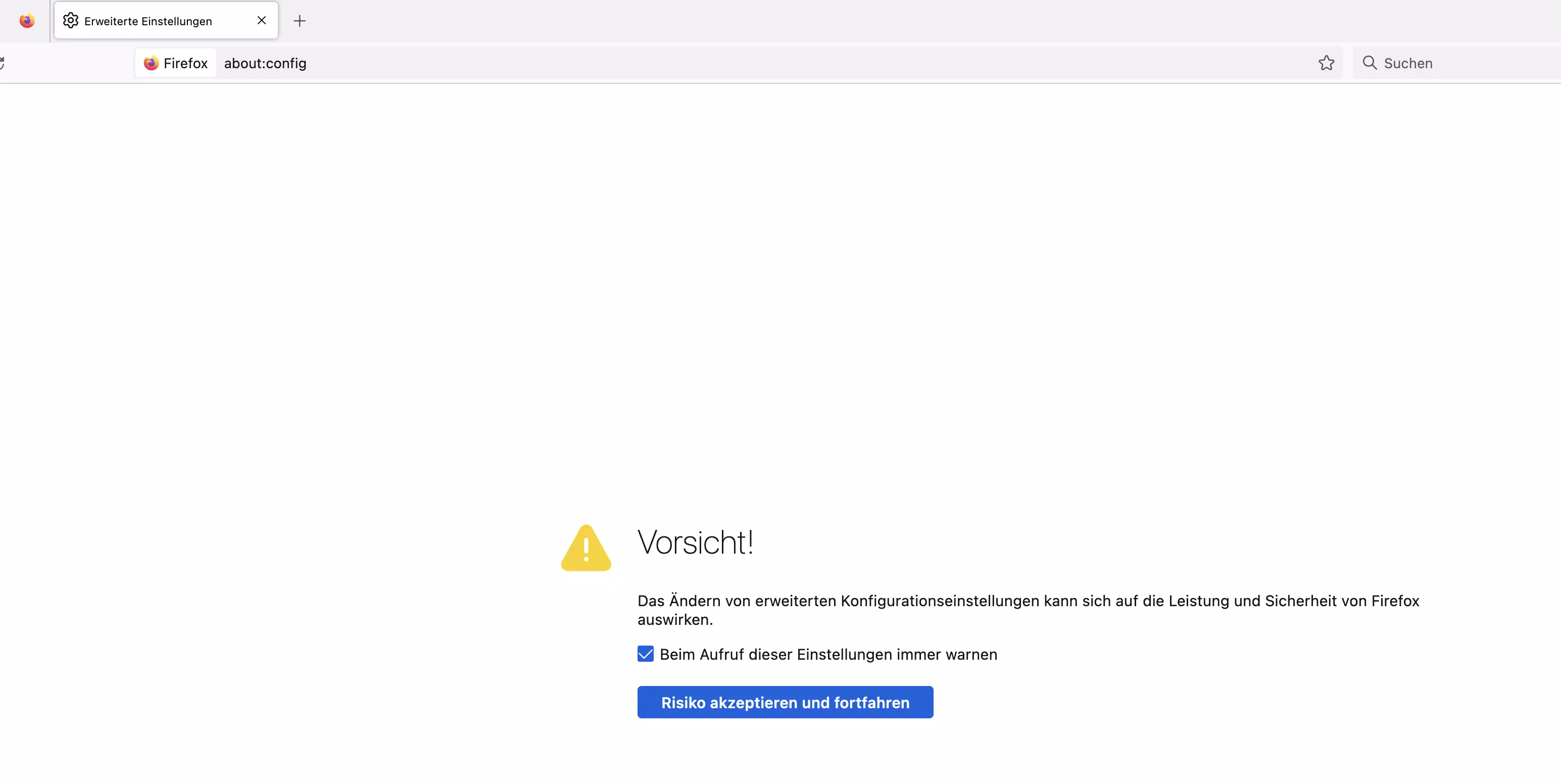 Bild: Screenshot der Warnmeldung unter about:config