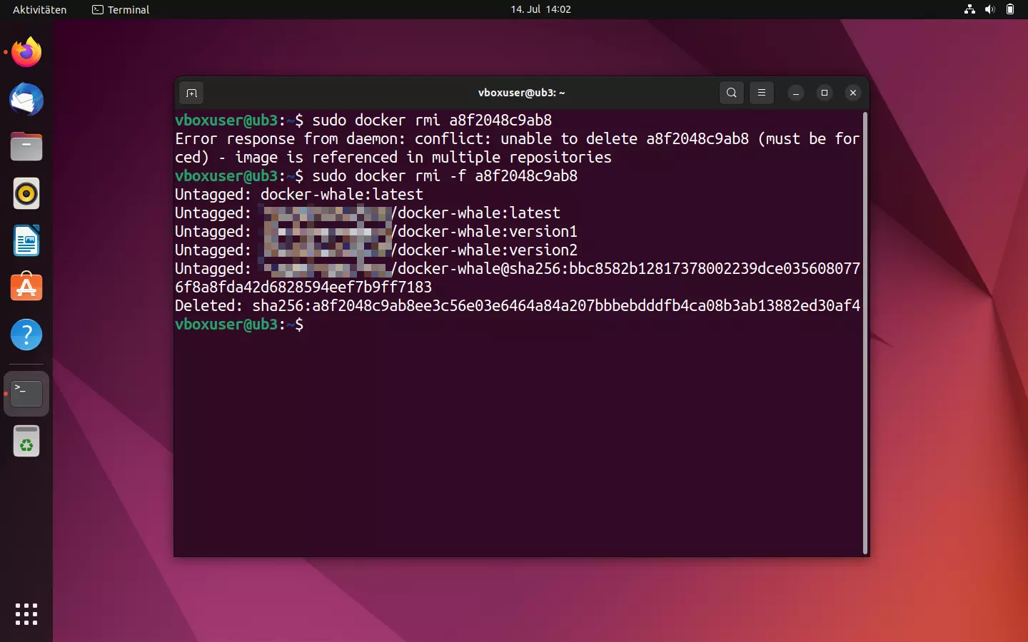 Bild: Befehl docker rmi in Kombination mit der Option -f (force)