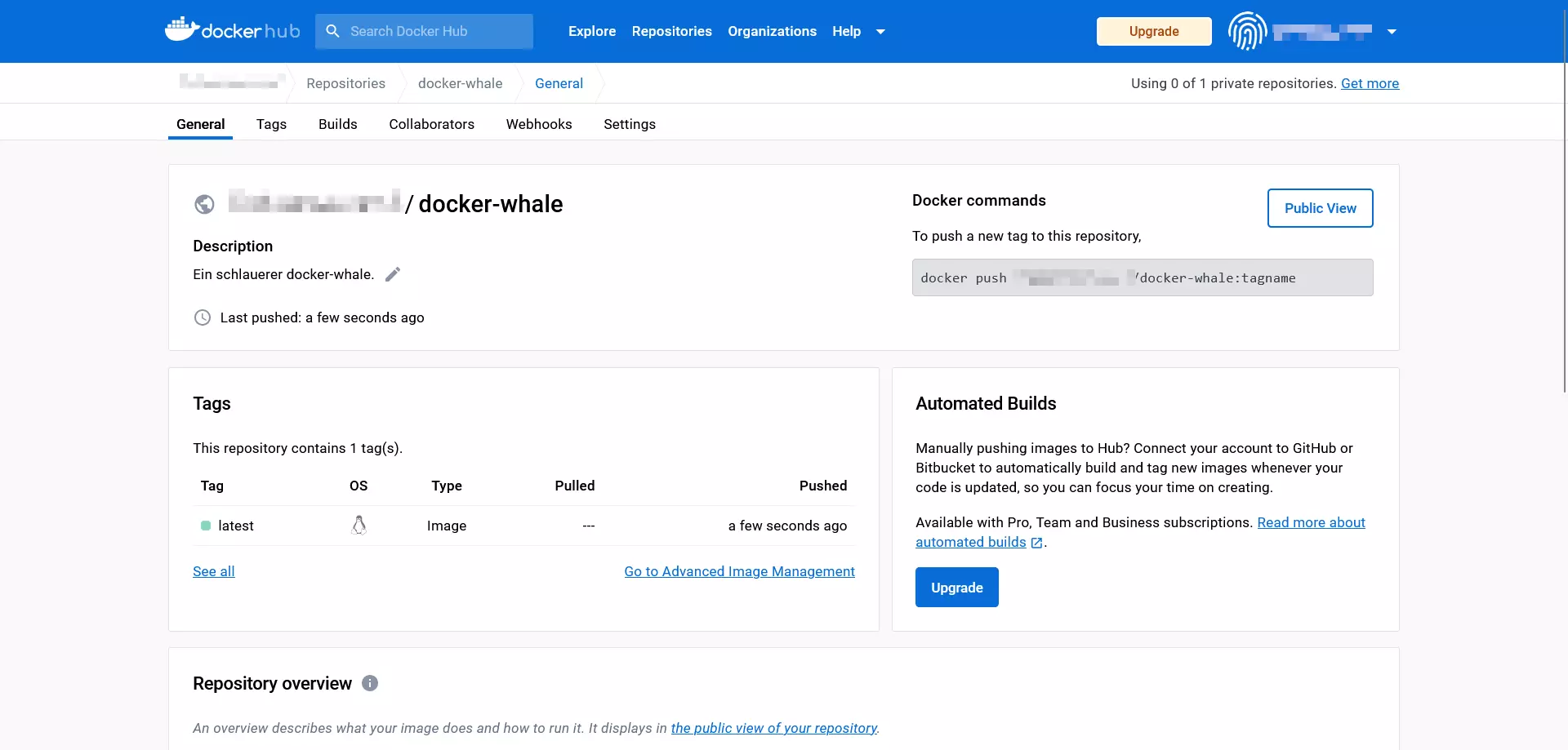 Bild: Docker-Hub: Das Repository [Namespace]/docker-whale in der Detailansicht