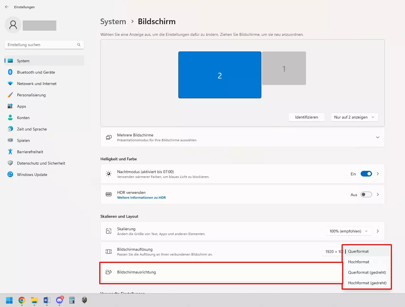 Bild: Screenshot der Bildschirmanpassungen bei Windows 11