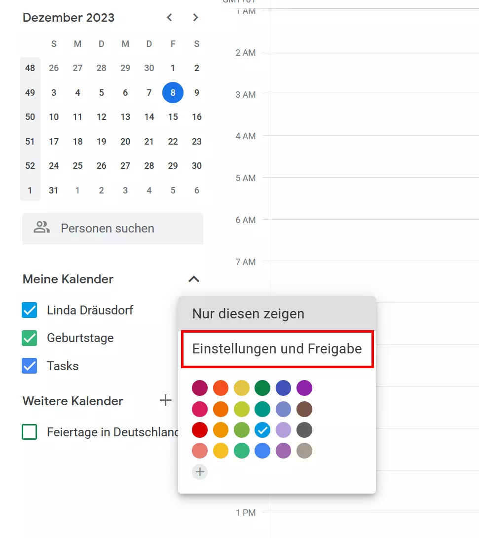Bild: Google-kalender: „Einstellungen und Freigabe“-Menü