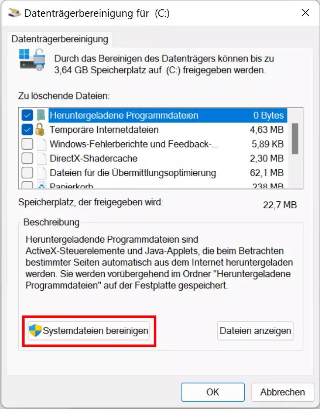 Bild: Datenträgerbereinigung für das C-Laufwerk