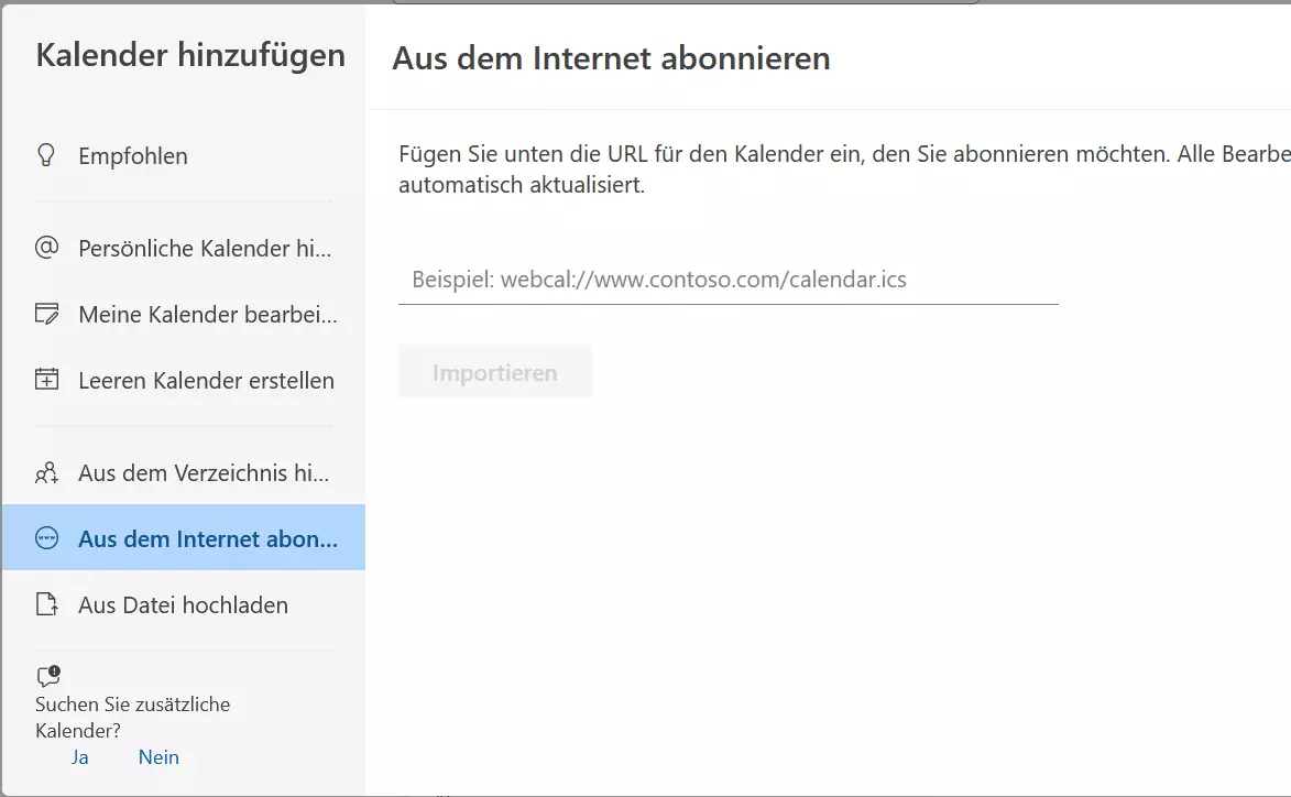 Bild: OWA: Kalenderdatei aus dem Internet hinzufügen