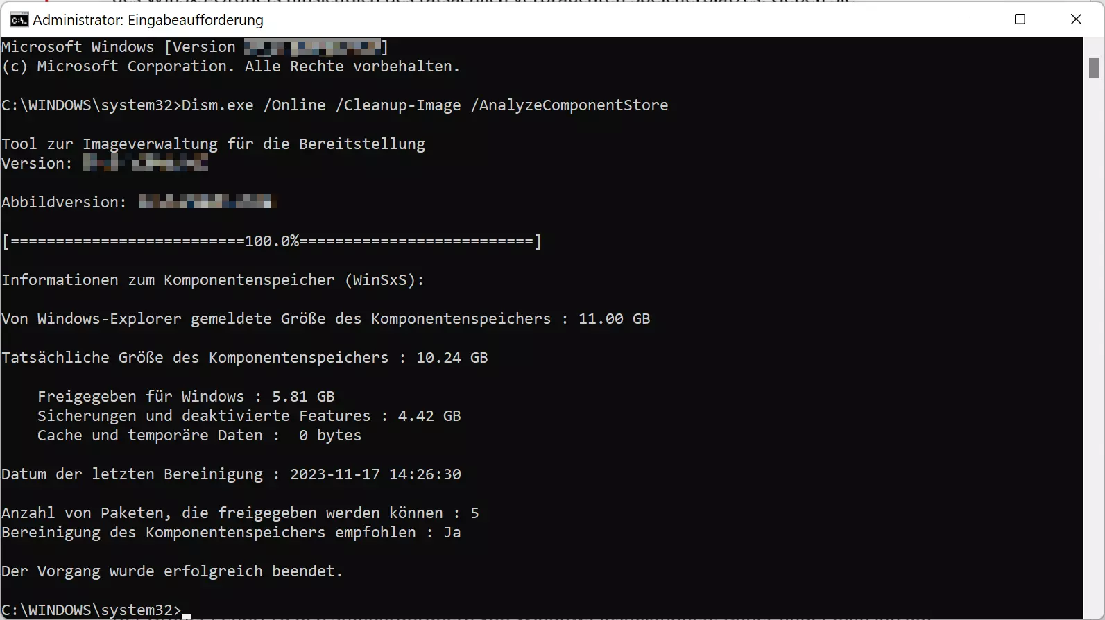 Bild: Ergebnis des Befehls „Dism.exe /Online /Cleanup-Image /AnalyzeComponentStore“