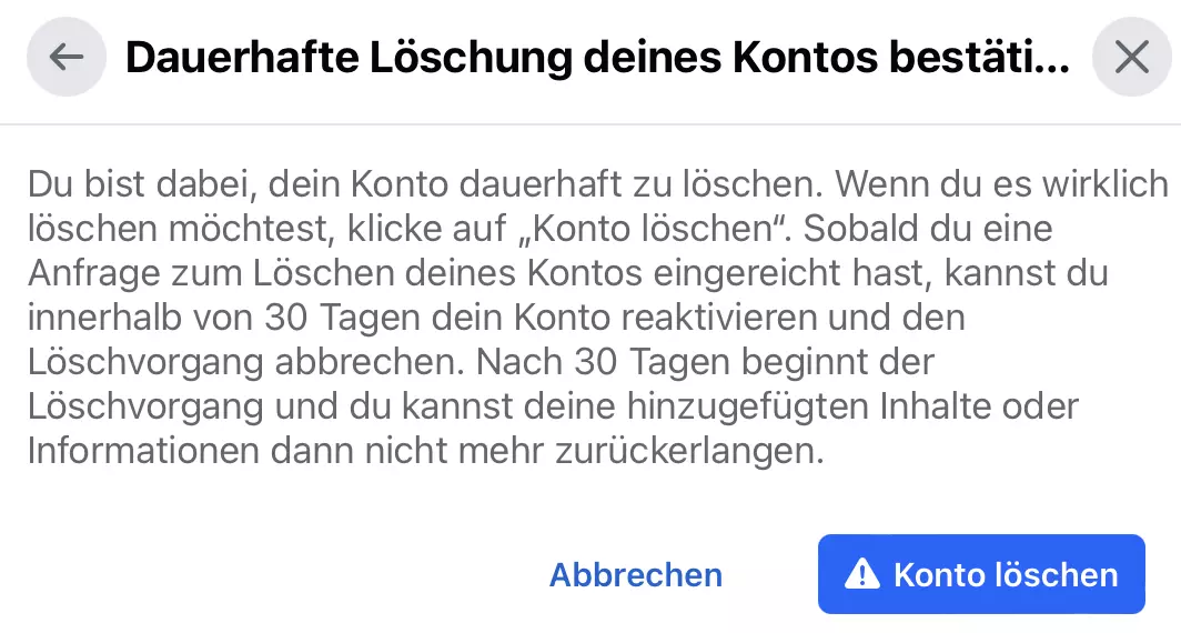 Bild: Facebook: Kontolöschung bestätigen