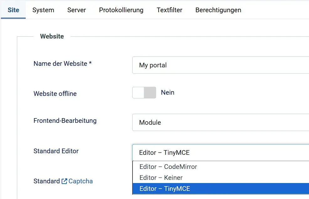 Bild: „Site“-Reiter im den Joomla-Konfigurationsmenü