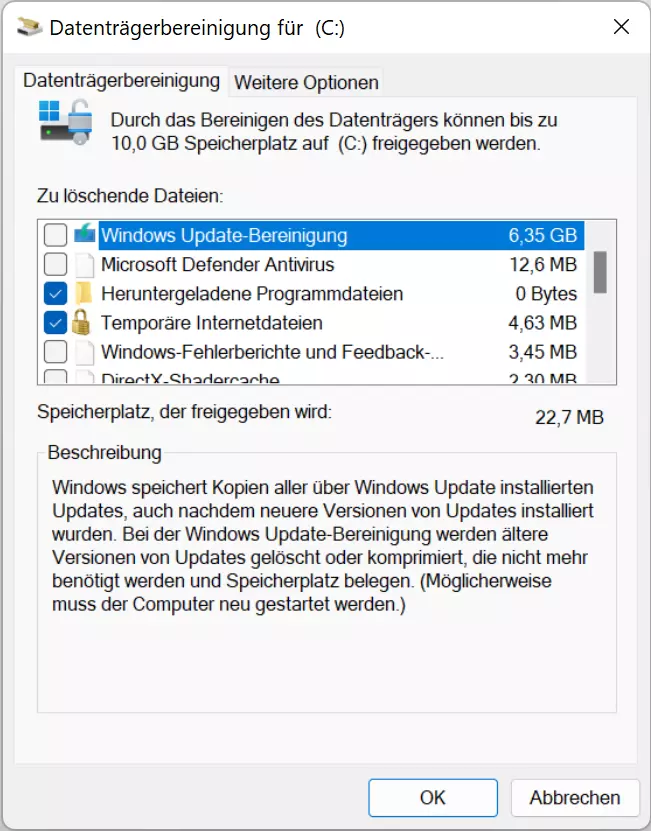 Bild: Auswahl der zu löschenden Systemdateien