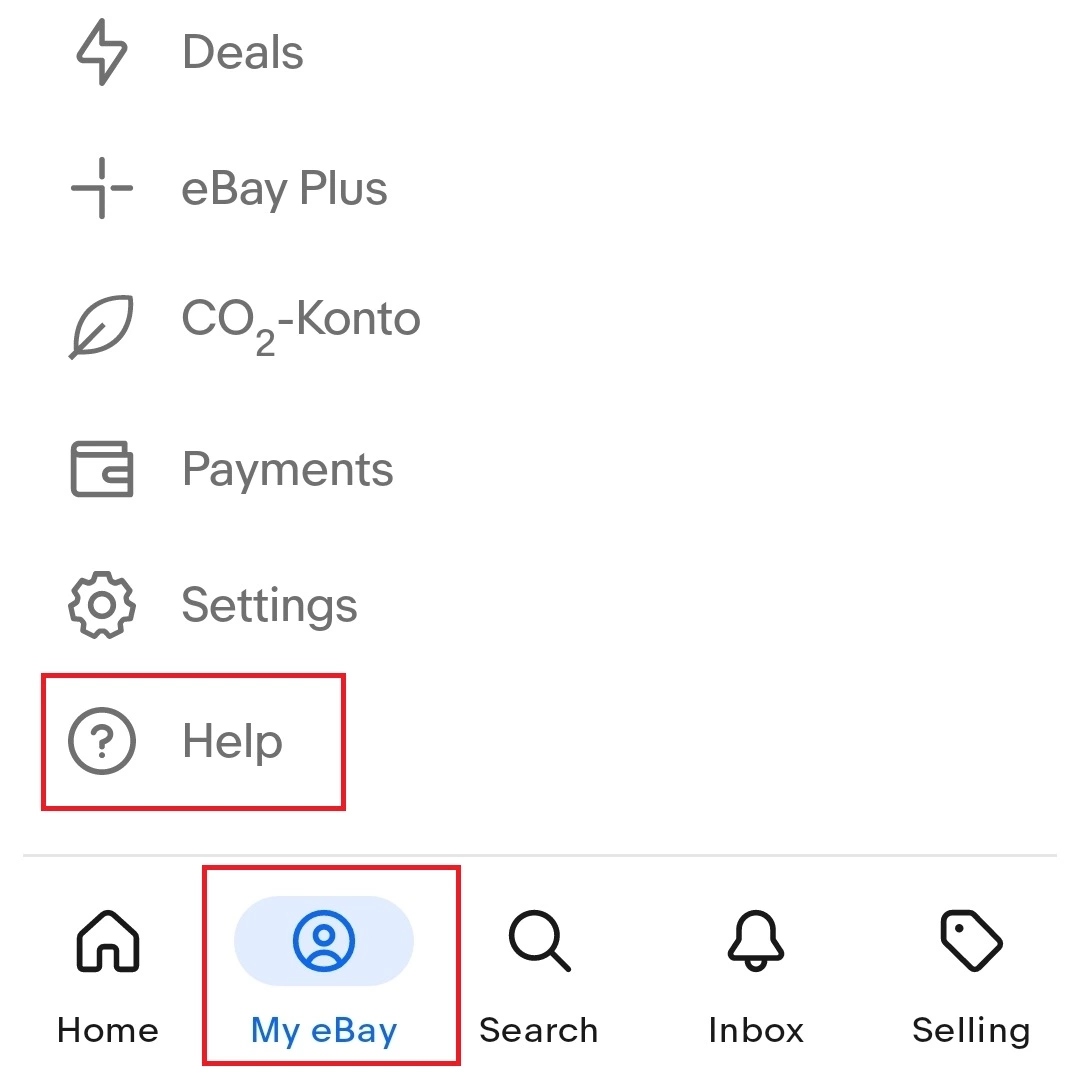 Bild: Screenshot des My-eBay-App-Menüs mit der Option „Hilfe“ in Android