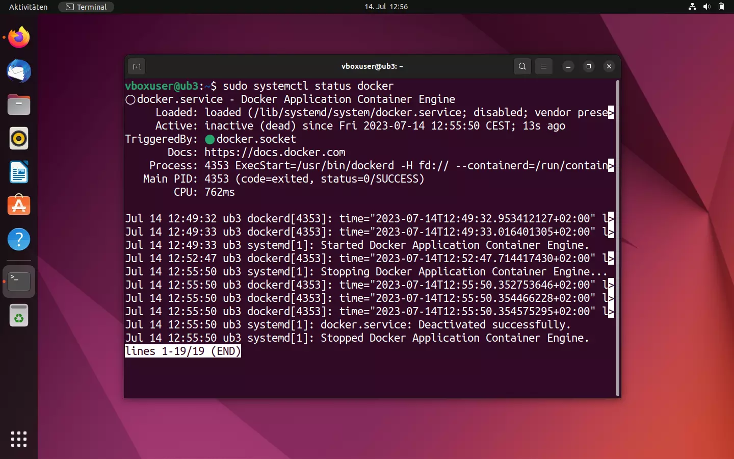 Bild: Die Statusabfrage via systemctl zeigt: Die Docker-Engine ist inaktiv (dead)