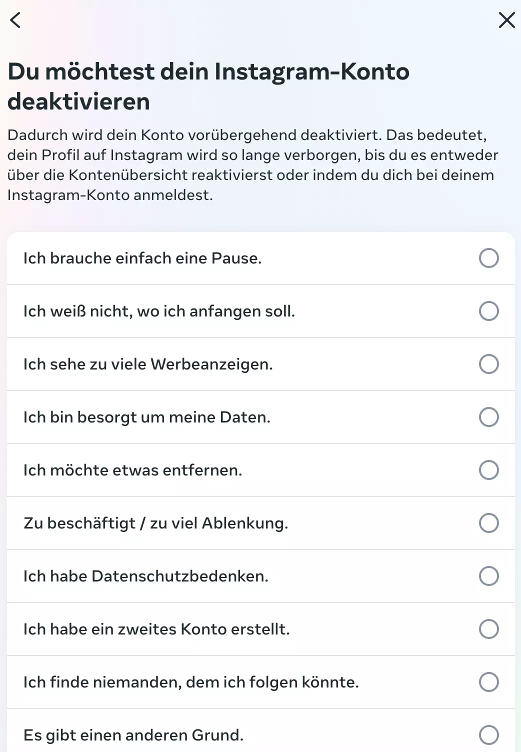 Bild: Grund für Deaktivierung angeben