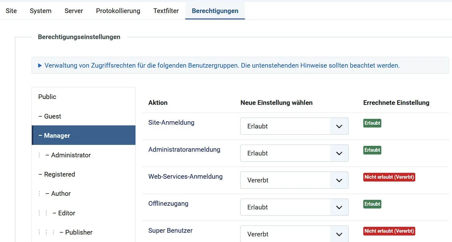 Bild: Joomla: Berechtigungseinstellungen für Benutzergruppen
