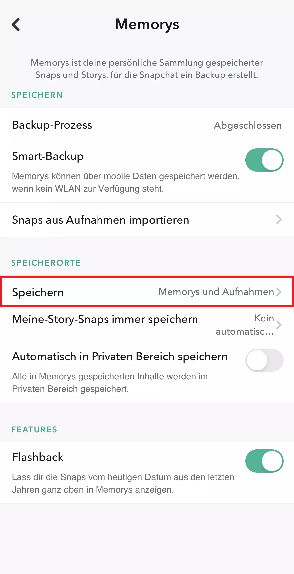 Bild: Auswahl des Speicherorts für aufgenommene Snaps