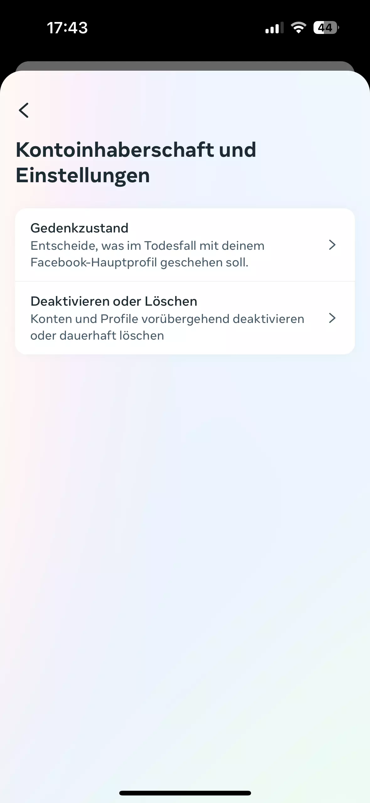 Bild: Menü „Kontoinhaberschaft und Einstellungen“