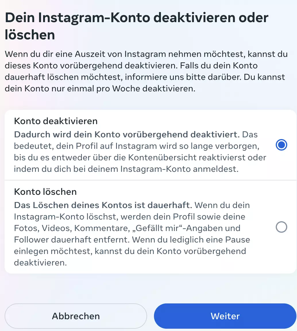 Bild: “Konto deaktivieren“ auswählen