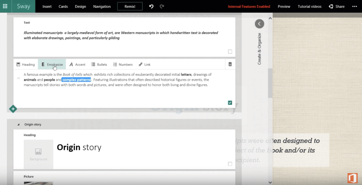 The Microsoft Sway tool in tutorial mode