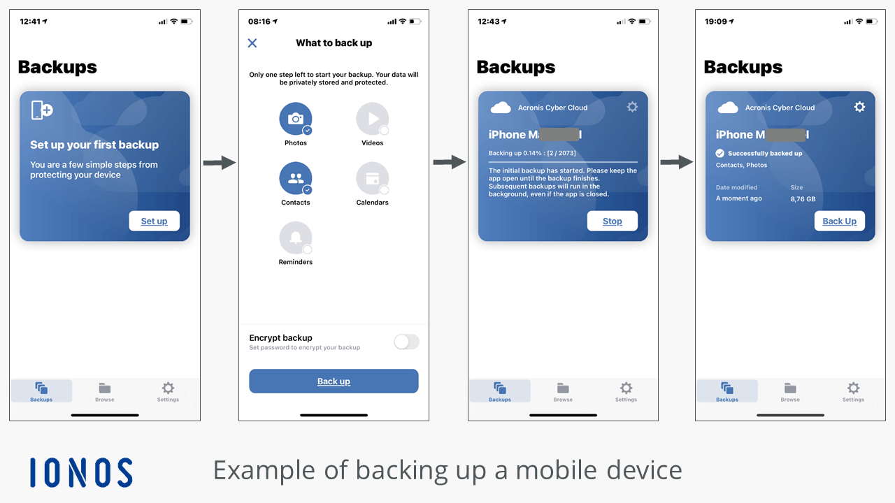 Backing up photos with MyDefender: the backup console on a mobile device