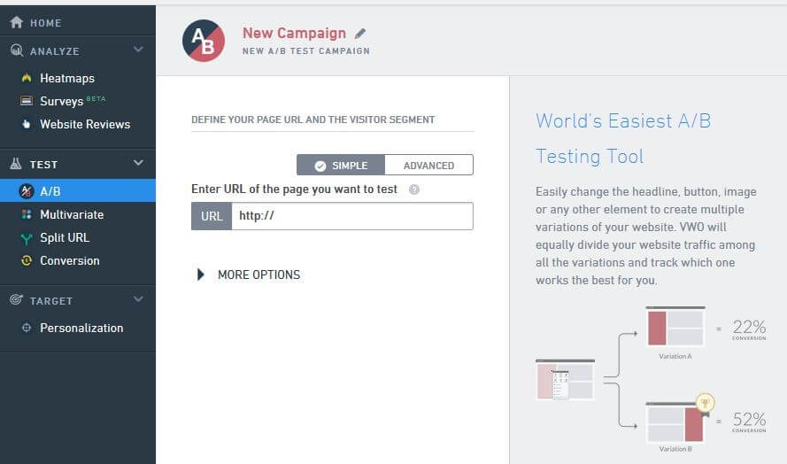 Virtual Website Optimizers‘ campaign creation menu