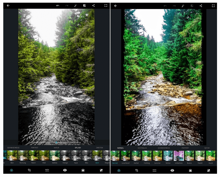 Filter- und Effekte-Menü von Adobe Photoshop Express