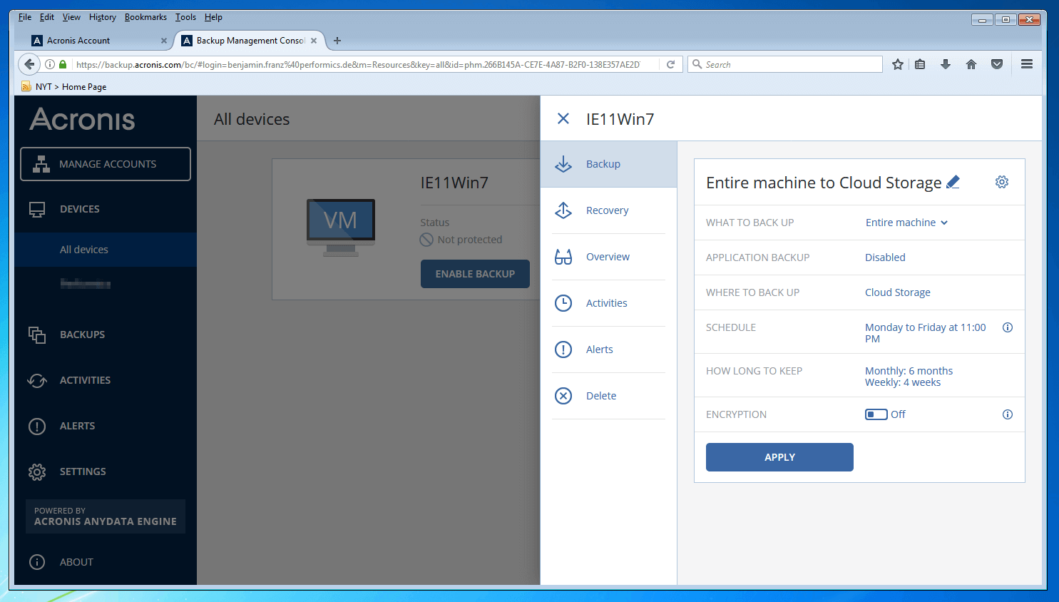 The backup management console of Acronis Backup 12.5: Menu for the creation of backup plans