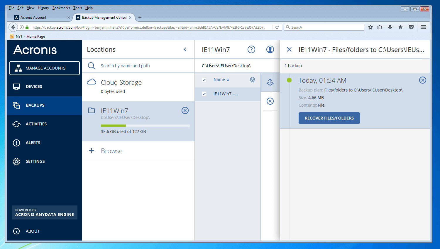The backup management console of Acronis Backup 12.5: Overview of created backups
