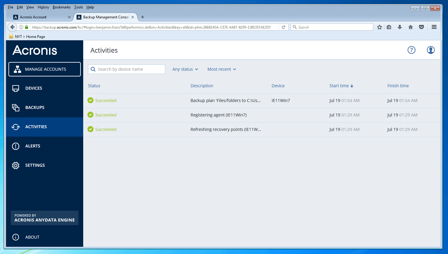 The backup management console of Acronis Backup 12.5: activities overview