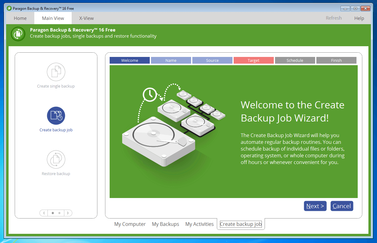 Paragon Backup & Recovery 16 Free: setup wizard for backup jobs