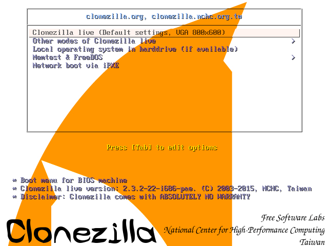 Clonezilla Live boot menu: operating mode selection menu