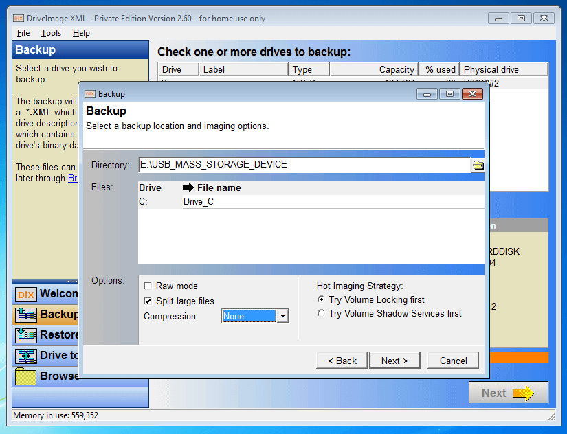DriveImage XML 2.60: Selection menu for imaging options