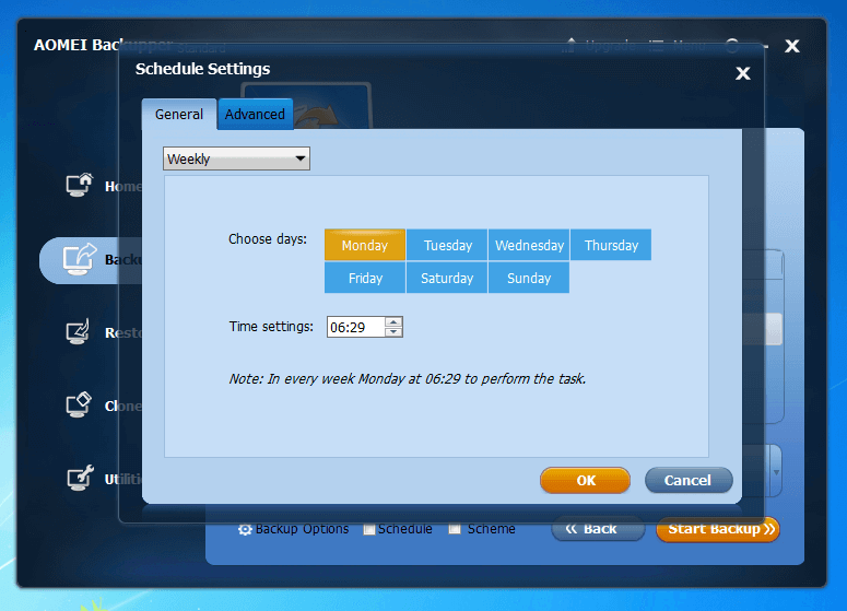 Aomei Backupper Standard 4.0.4: selection menu for a backup schedule