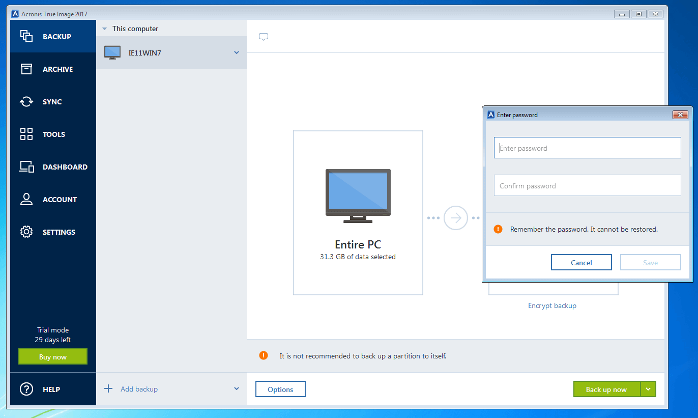 Acronis True Image 2017: Password entry prompt for backup encryption