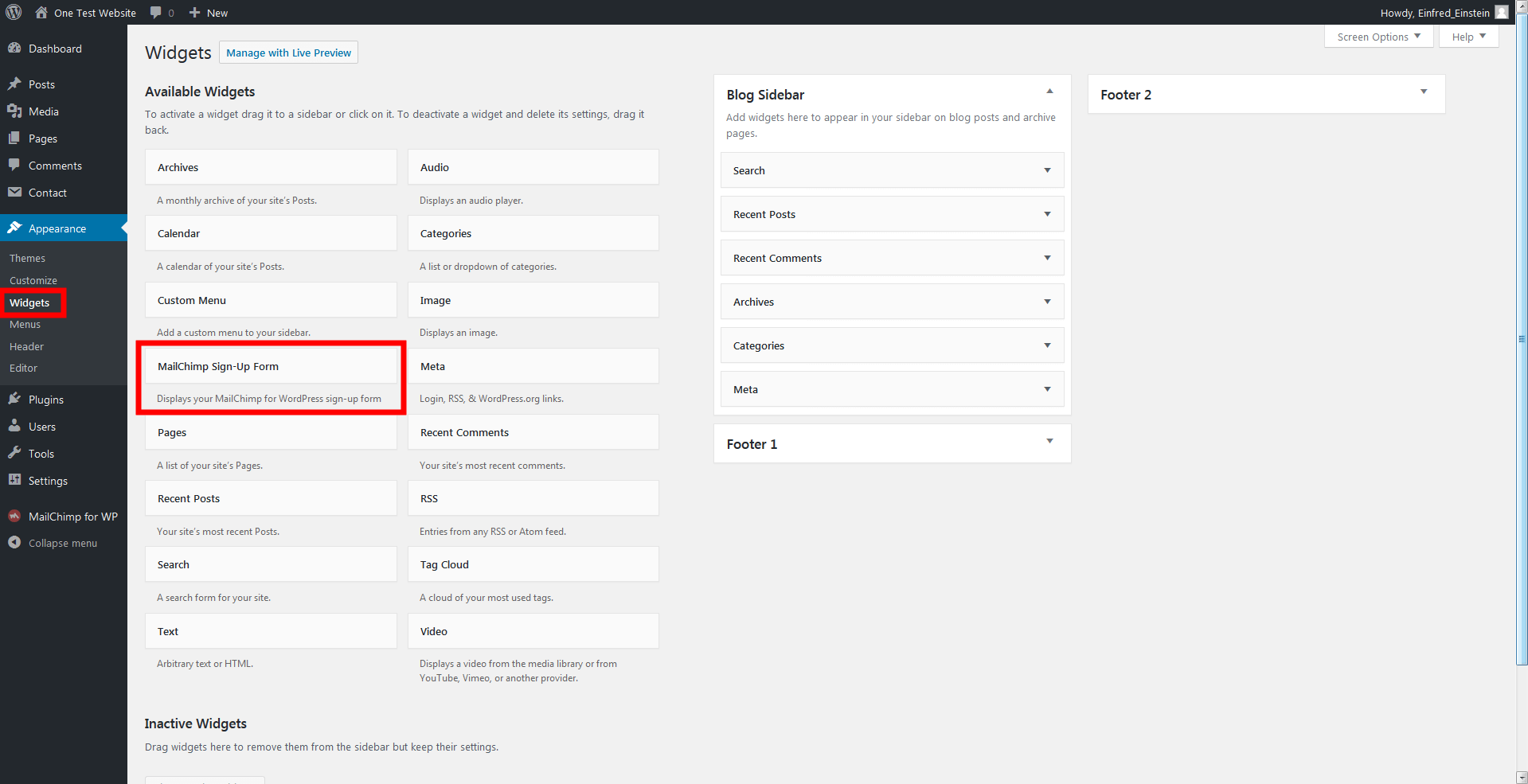 registration form as a widget in the backend view