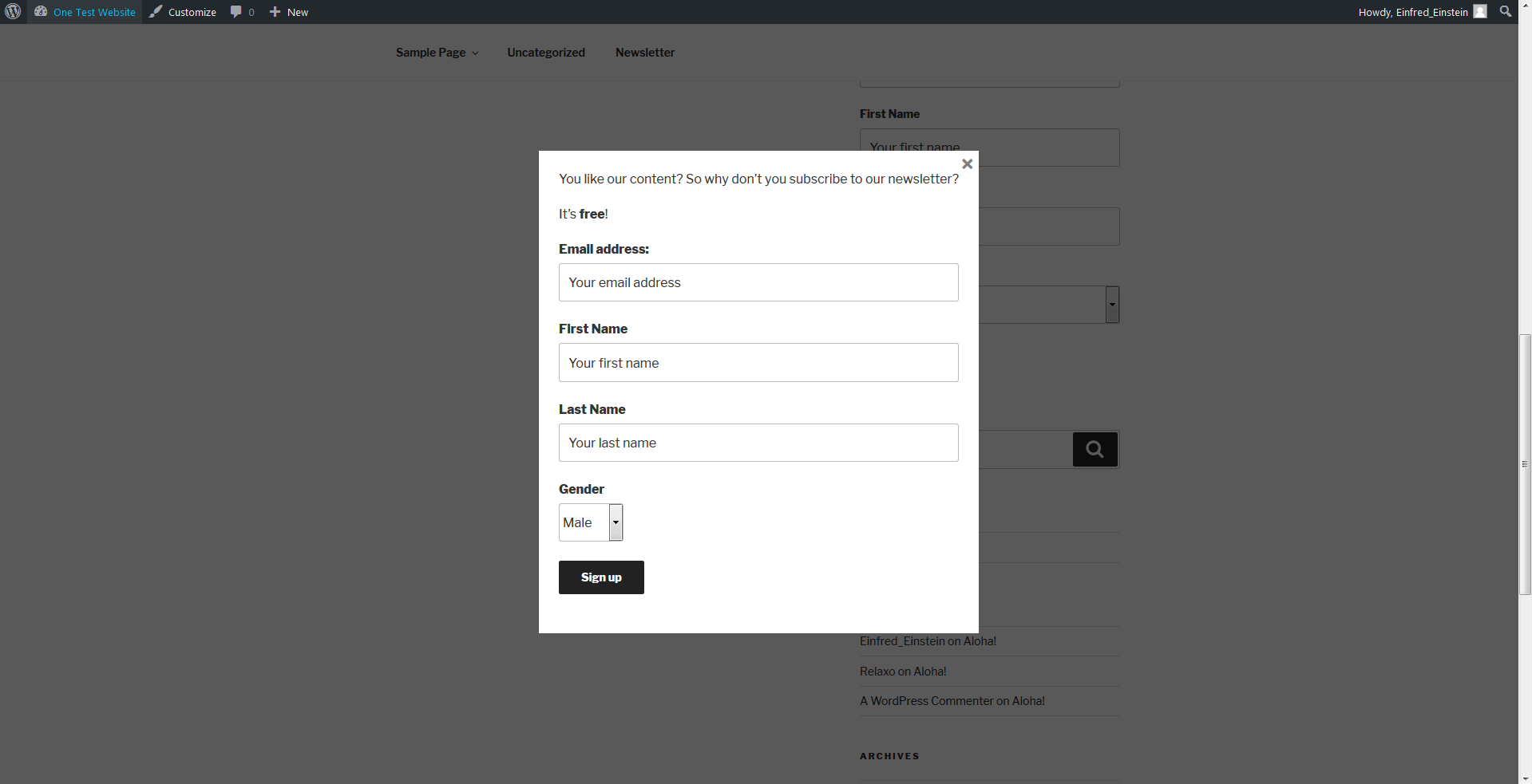 registration form as a page overlay