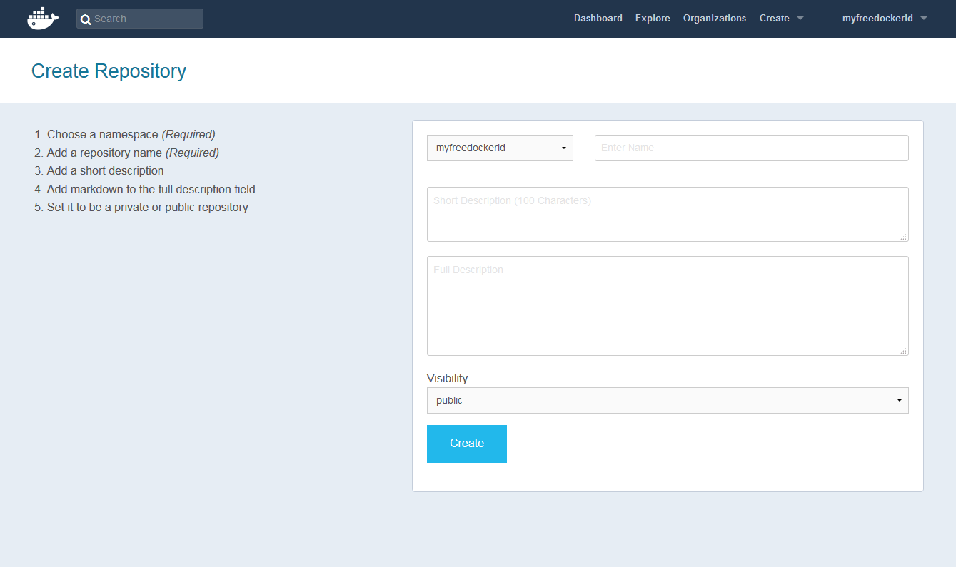 The Docker hub: Input screen for the creation of a repository