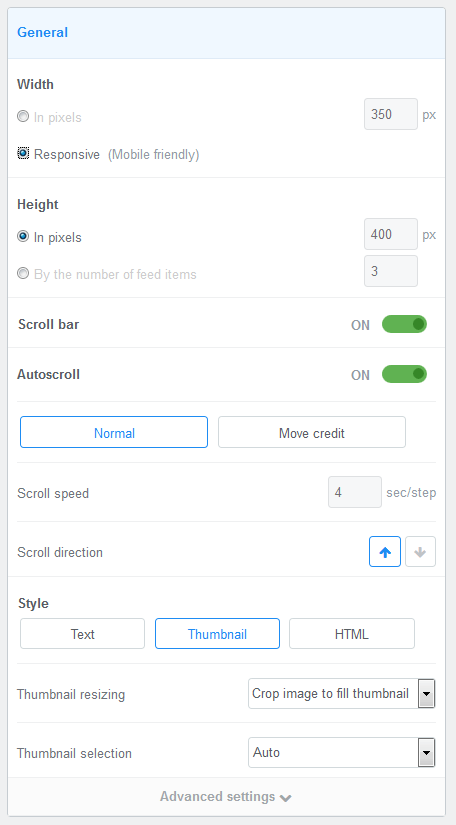 FeedWind menu: General settings