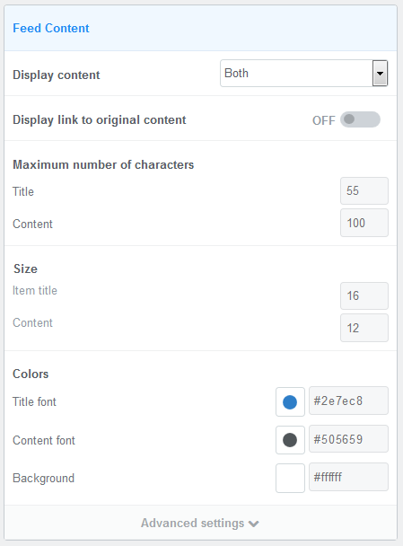 FeedWind configuration menu for the customization of content