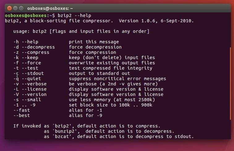bzip2 command overview in Ubuntu terminal