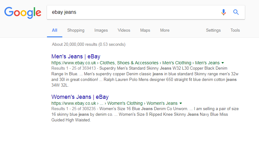 Screenshot of a Google search for the keyword ‘ebay jeans’.