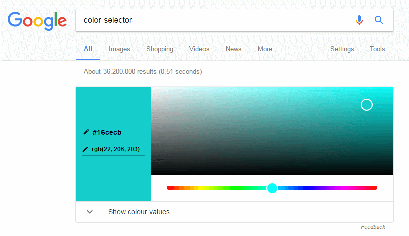 Color selector in the Google search engine