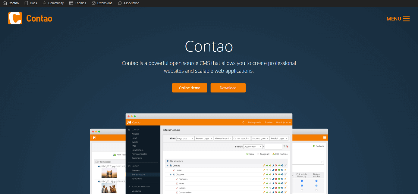 The homepage of the Contao project