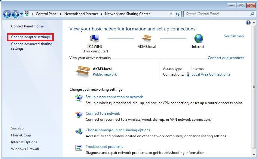 Network and Sharing Center in the Windows control panel